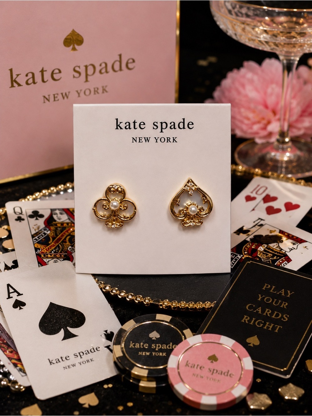 kate spade Gold Pearl Spade & Club Motif Stud Earrings